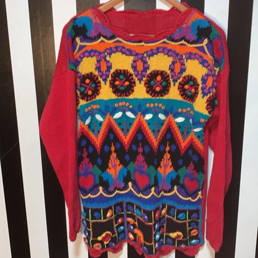 Vintage 90s 3D Knit & Crochet Floral & Hearts Fun Sweater Woman’s Large XL - Picture 12 of 17
